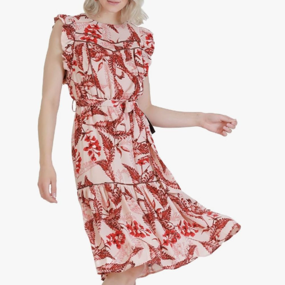 MAXSPORT Women’s Floral Ruffle Pink Midi Dress Medium
